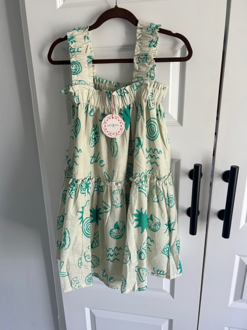 Umgee Cream Dress with‎ Teal Seaside Print and Ruffle Straps small